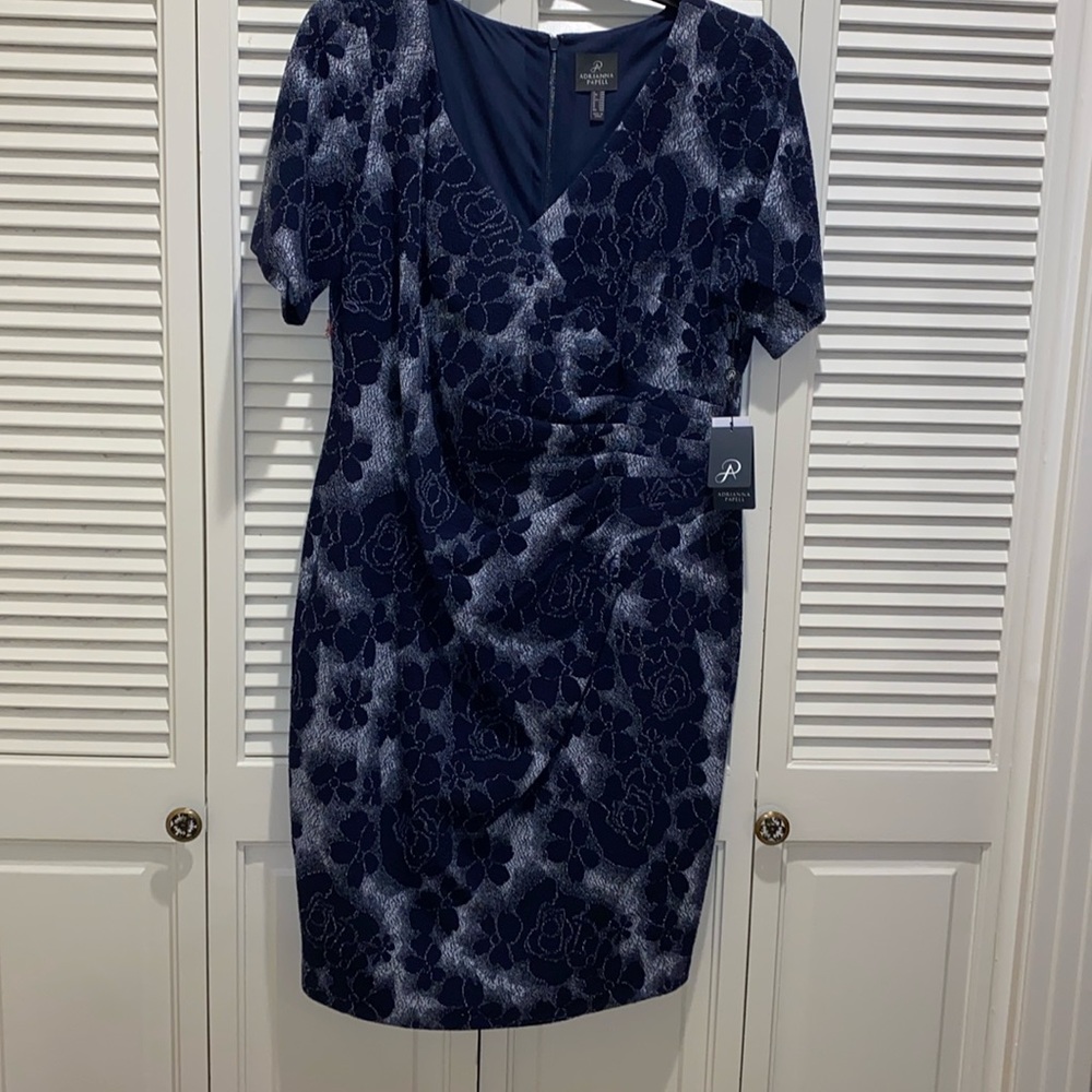ADRIANNA PAPELL Navy/Ivory side rouch wrap dress size 14W